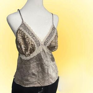 Chic Animal Print Lace Trim Silk Cami Top